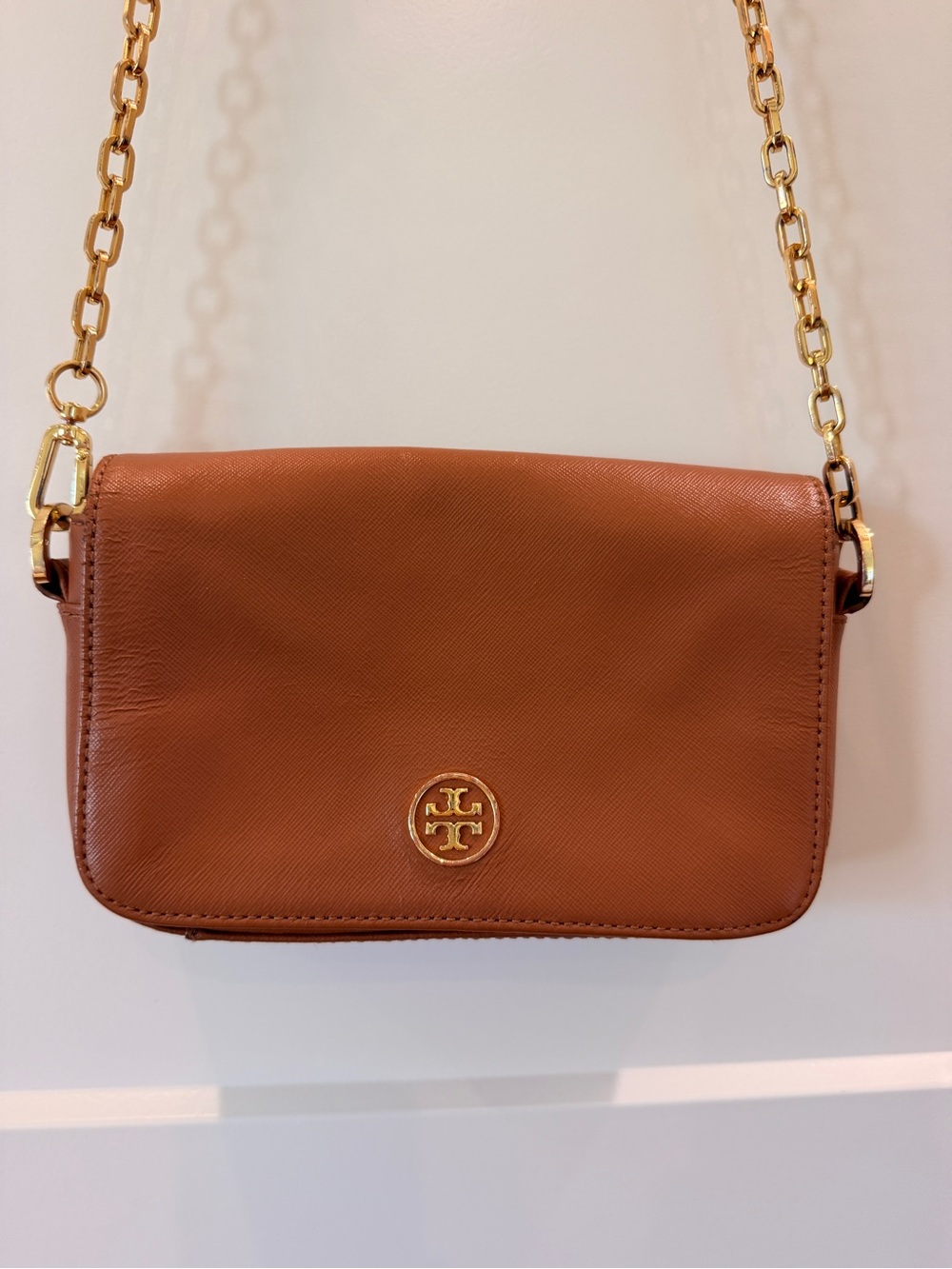 Tory Burch Brown Leather Crossbody with Gold Chain